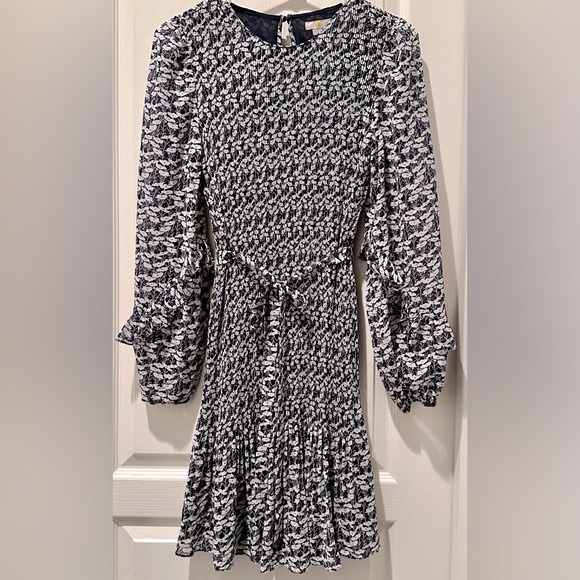 Boden Long Puff Sleeve Plisse’ Belted A-line Mini Dress French Navy Poppy Vine - Picture 3 of 12